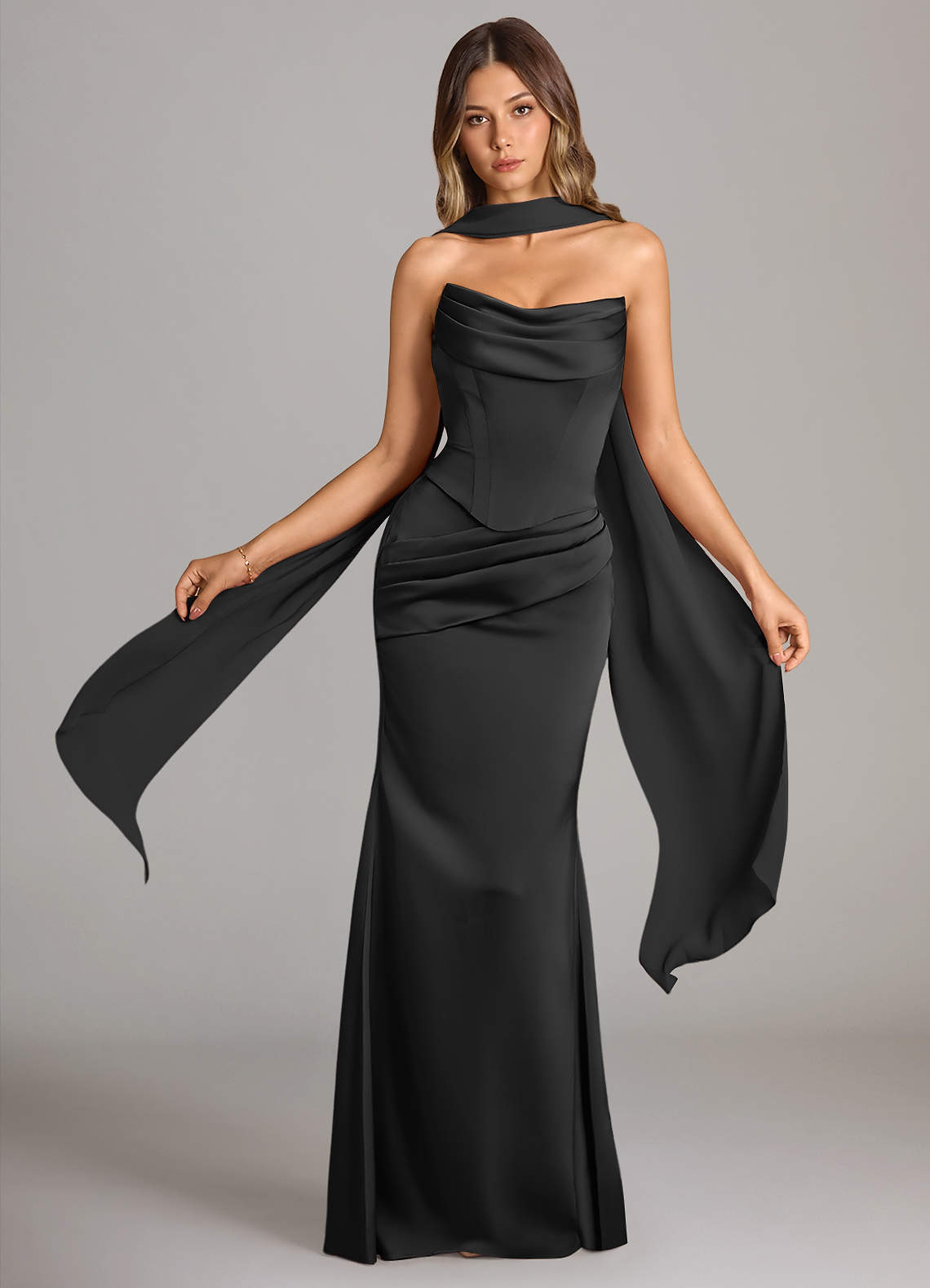 Sorrel Mermaid Cowl-Neck Stretch Satin and Chiffon Bridesmaid Dress in black
