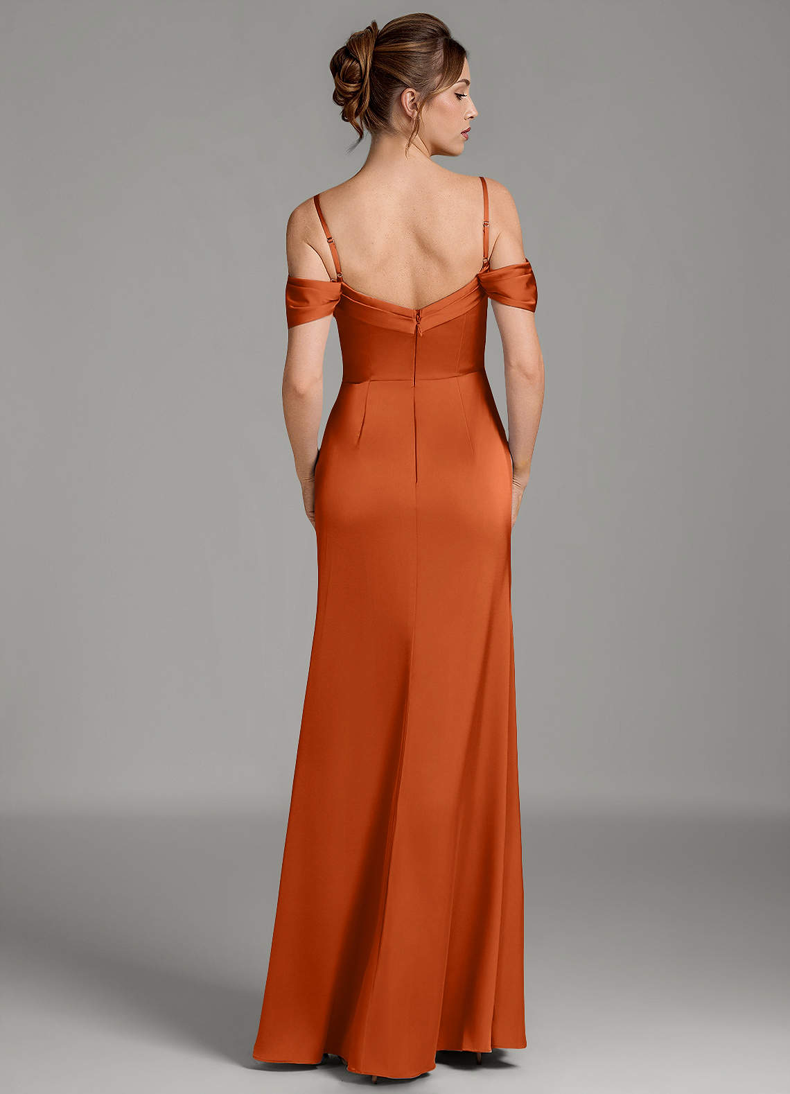 Wyatt Mermaid Off-the-Shoulder Stretch Satin Bridesmaid Dress in Burnt Orange