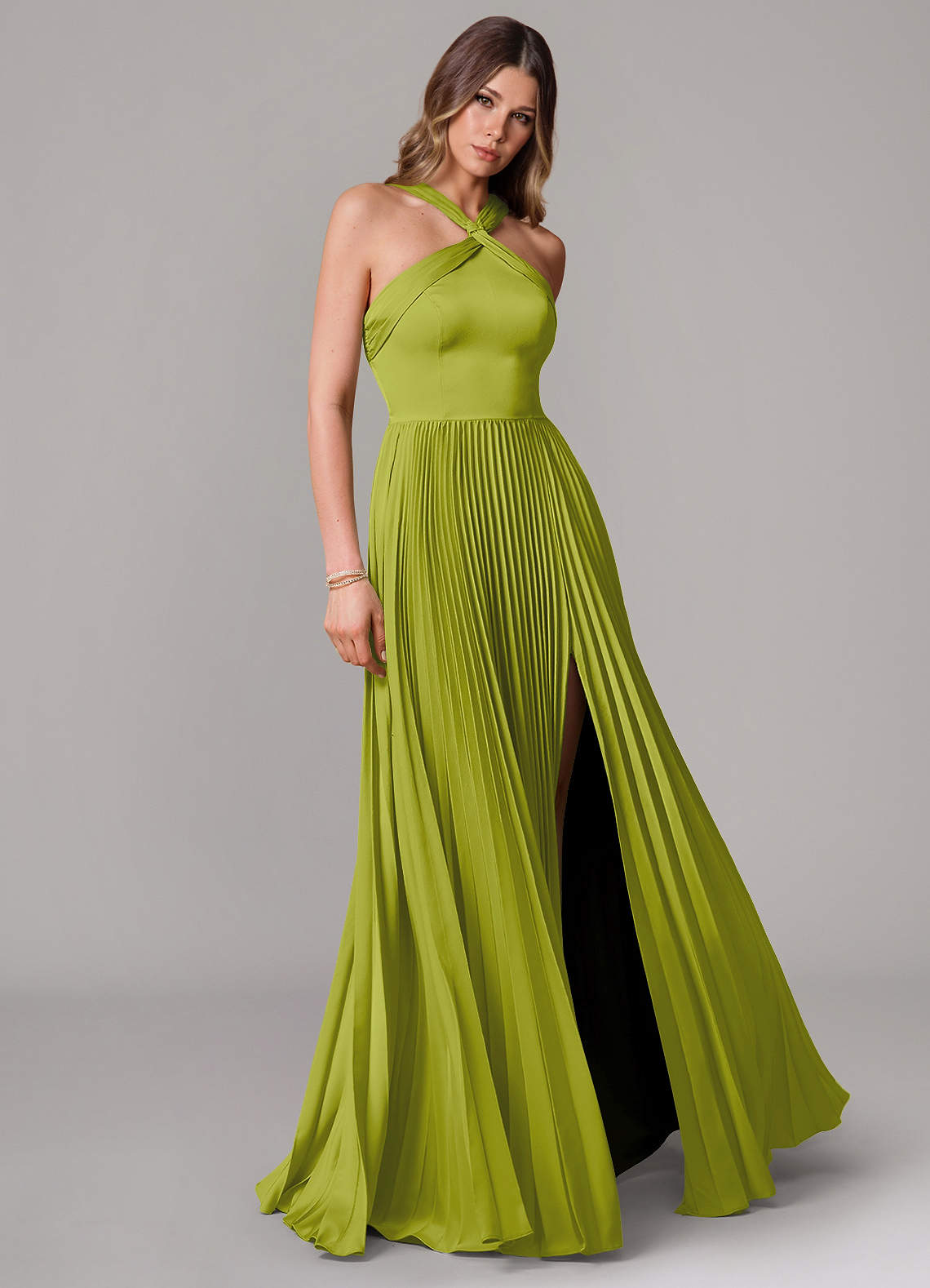 Afra A-Line Halter-Neck Stretch Satin Bridesmaid Dress in Lemongrass
