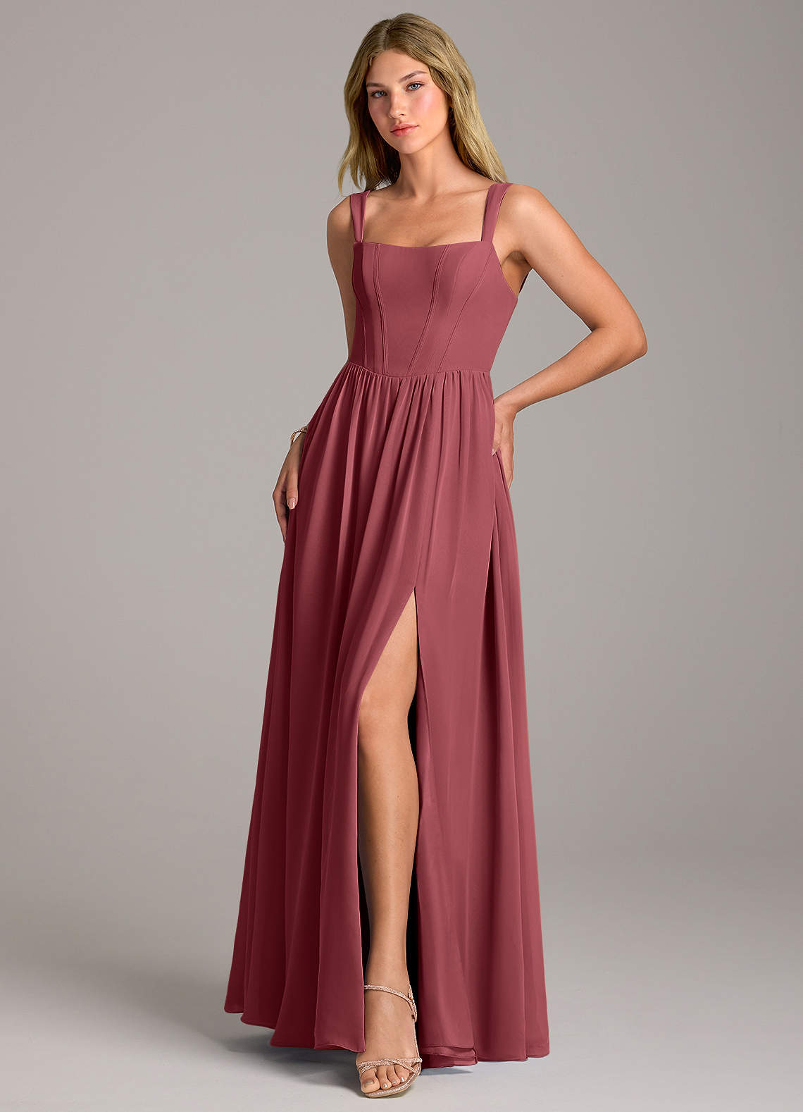Rosaline A-Line Square-Neck Chiffon Bridesmaid Dress in Merlot