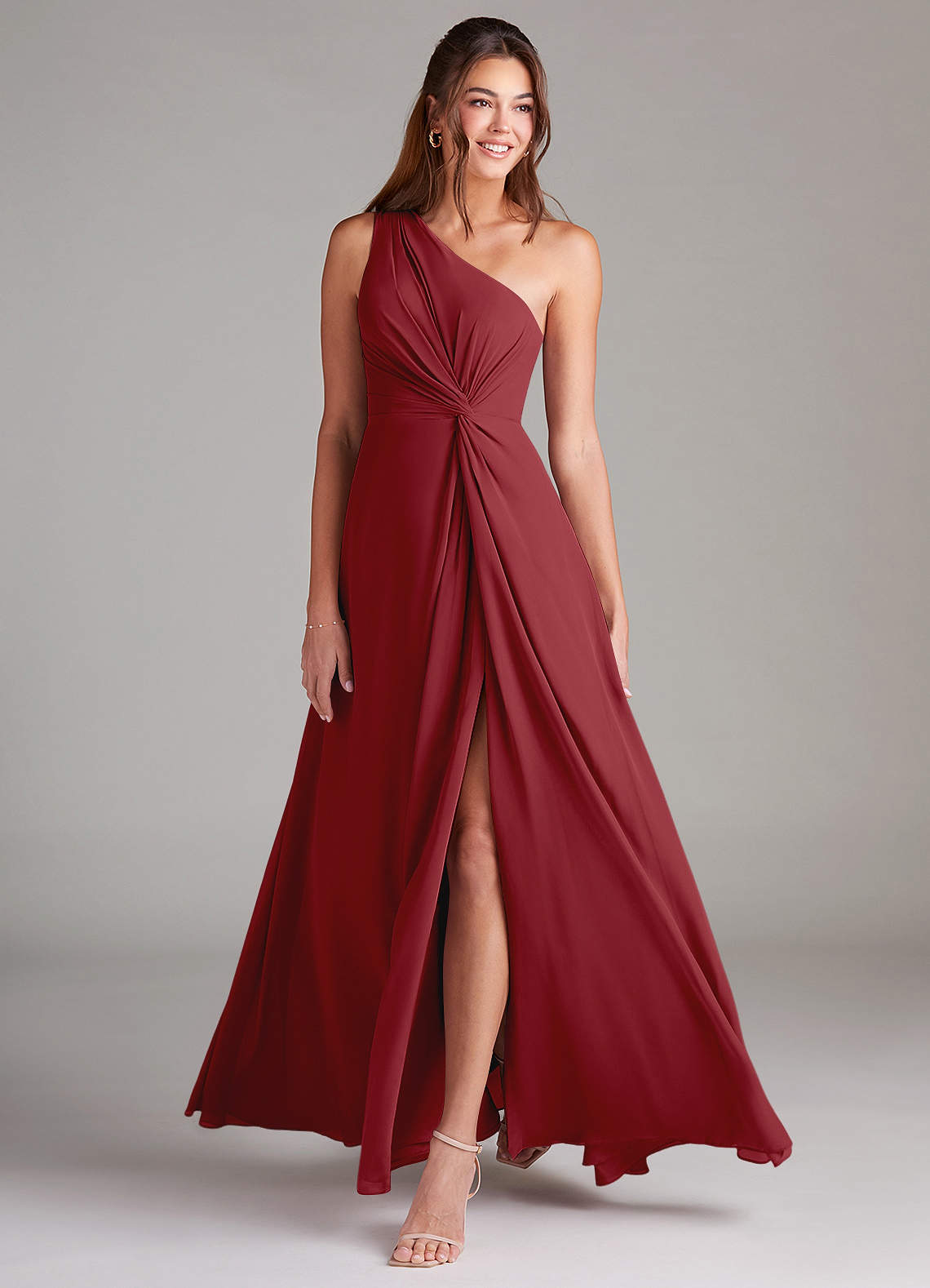 Brooke A-Line One-Shoulder Chiffon Bridesmaid Dress in Pomegranate