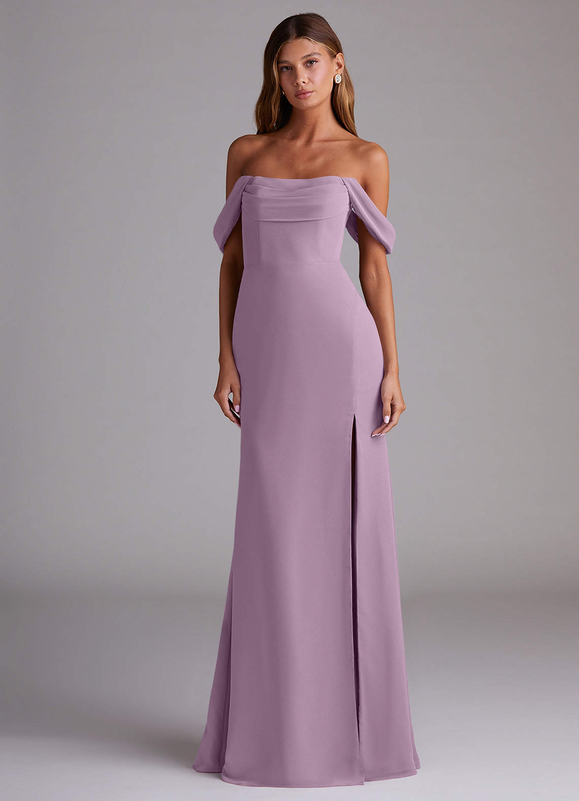 Saige A-Line Off-the-Shoulder Chiffon Bridesmaid Dress in Wisteria