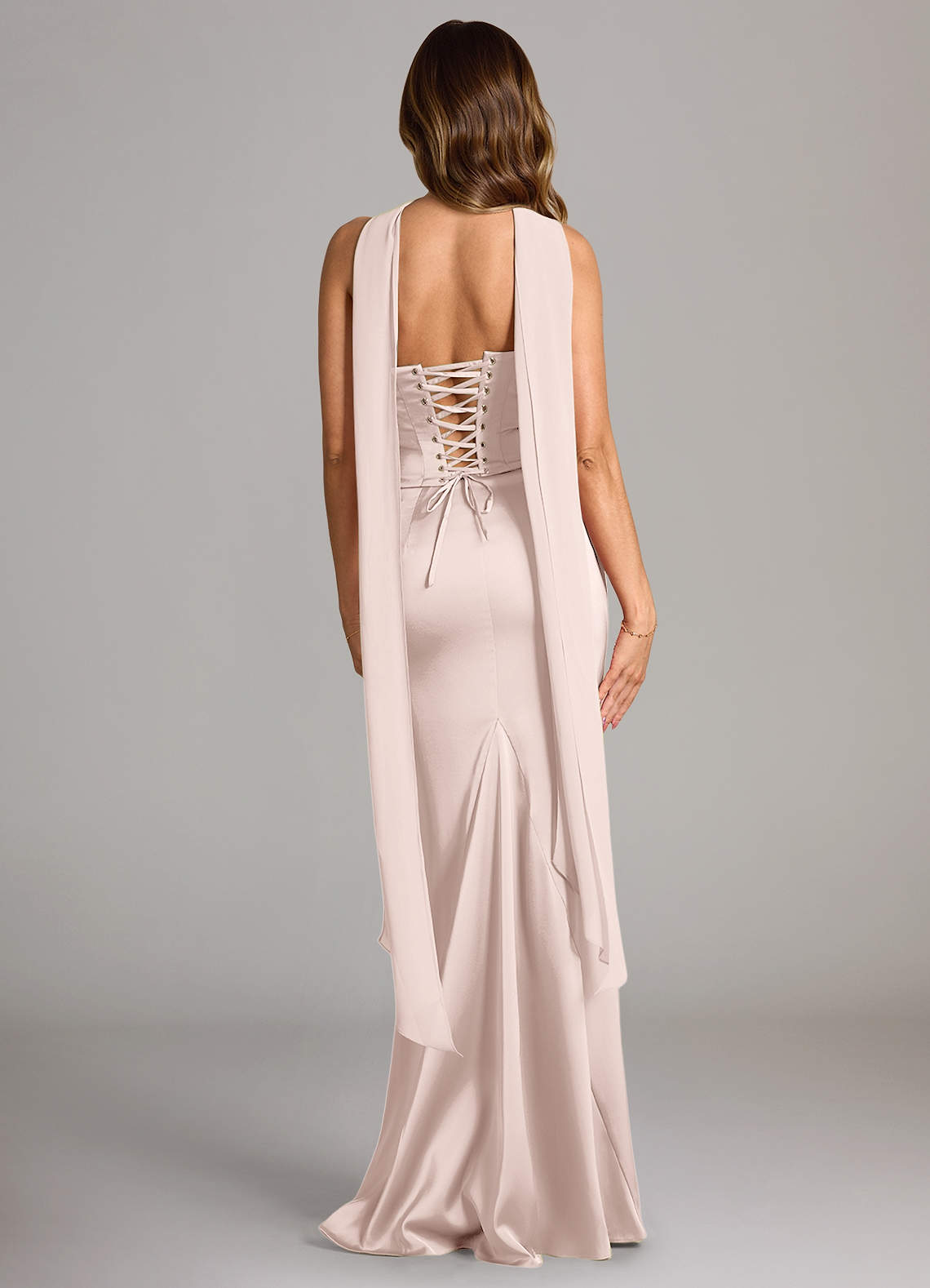 Sorrel Mermaid Cowl-Neck Stretch Satin and Chiffon Bridesmaid Dress in Blushing Pink