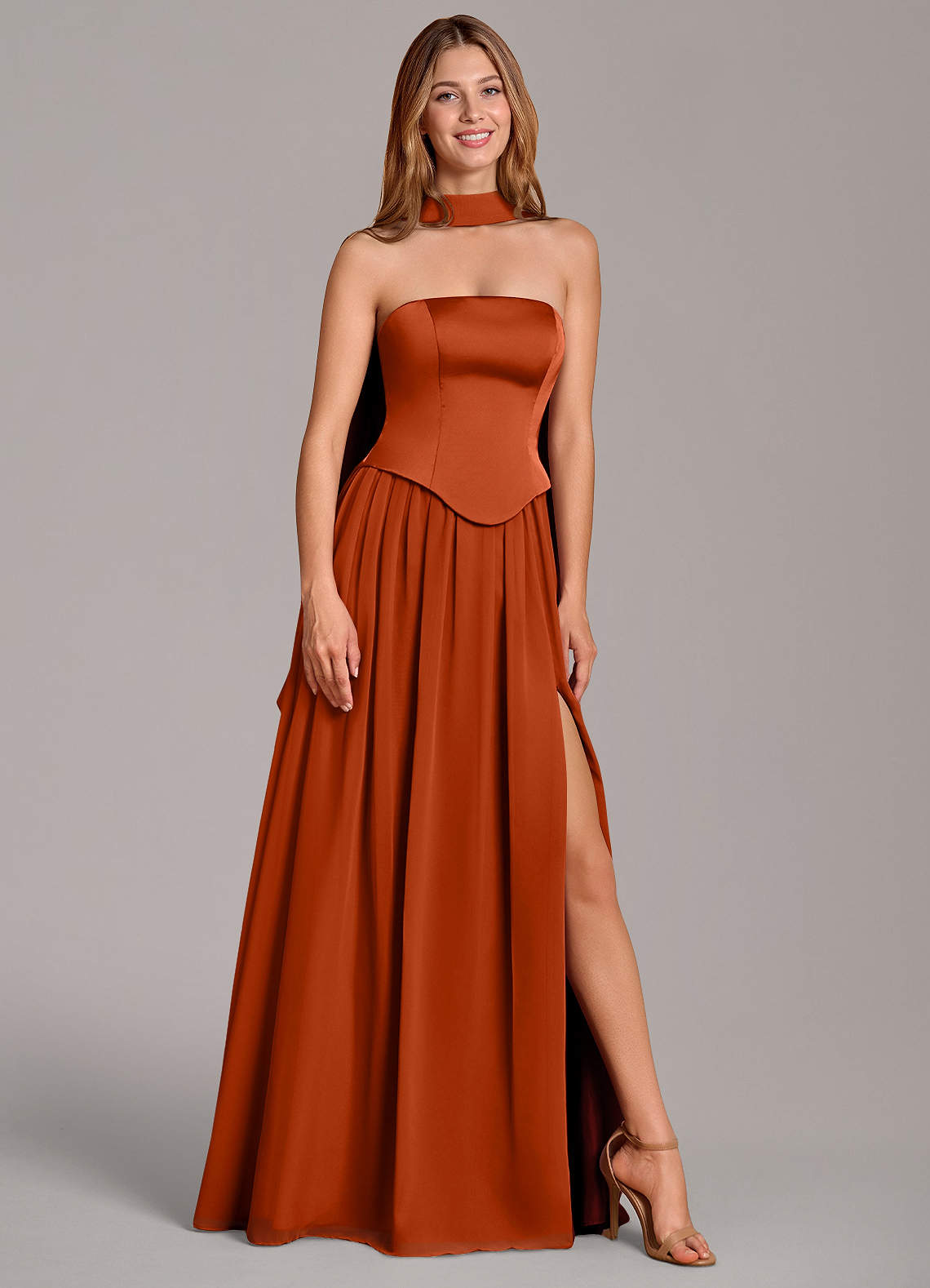 Cadence A-Line Strapless Chiffon and Stretch Satin Bridesmaid Dress in Paprika