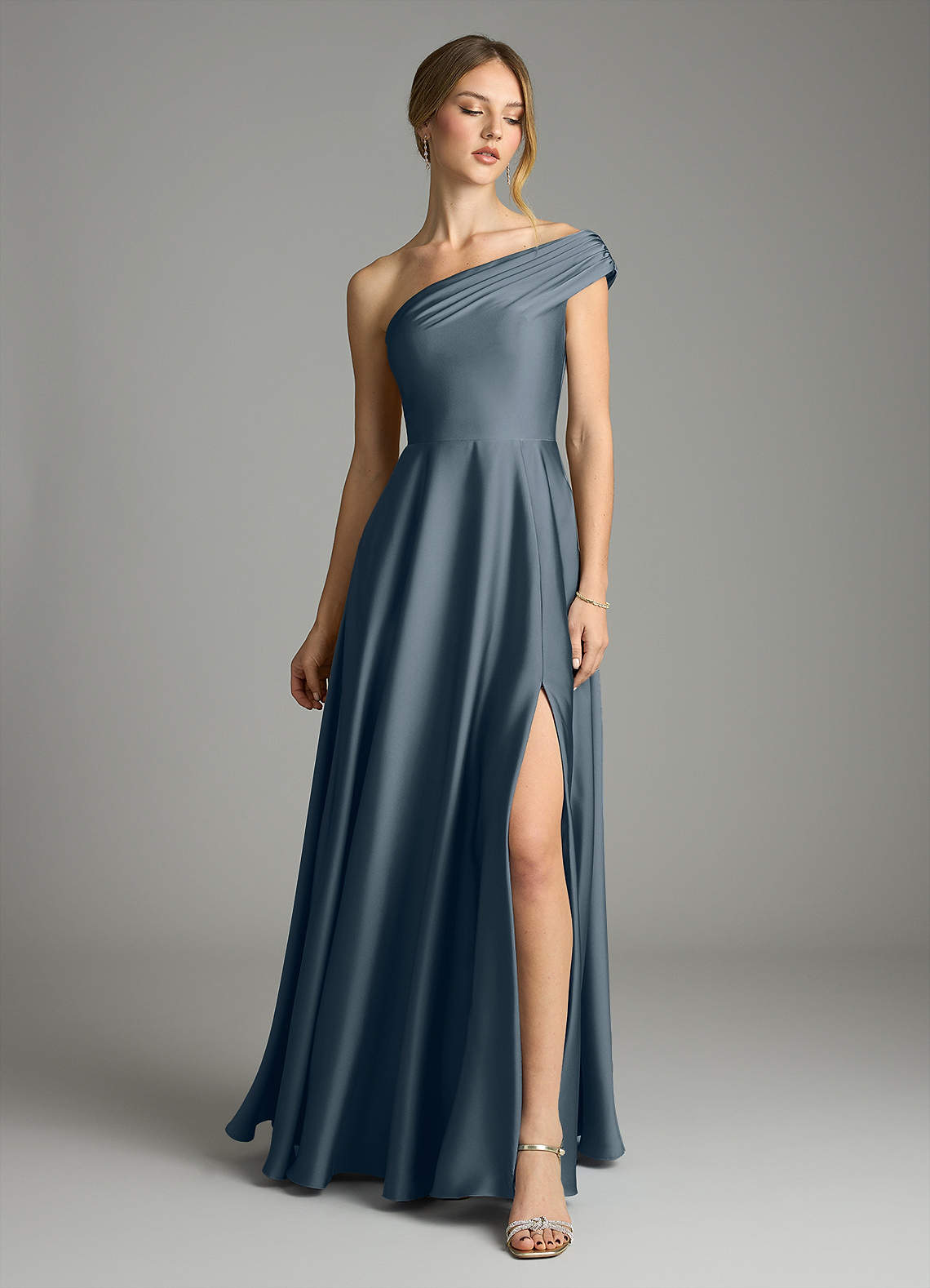 Melanie A-Line One-Shoulder Stretch Satin Bridesmaid Dress in Twilight