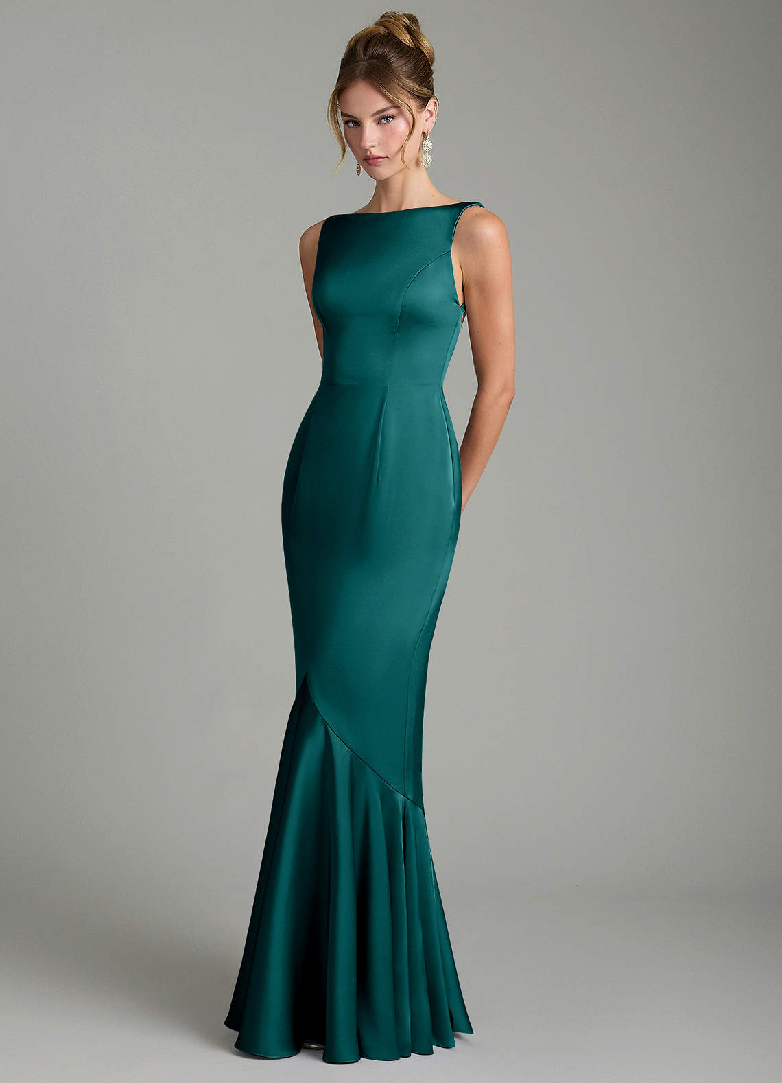 Tamera Mermaid Boat-Neck Stretch Satin and Chiffon Bridesmaid Dress in Peacock