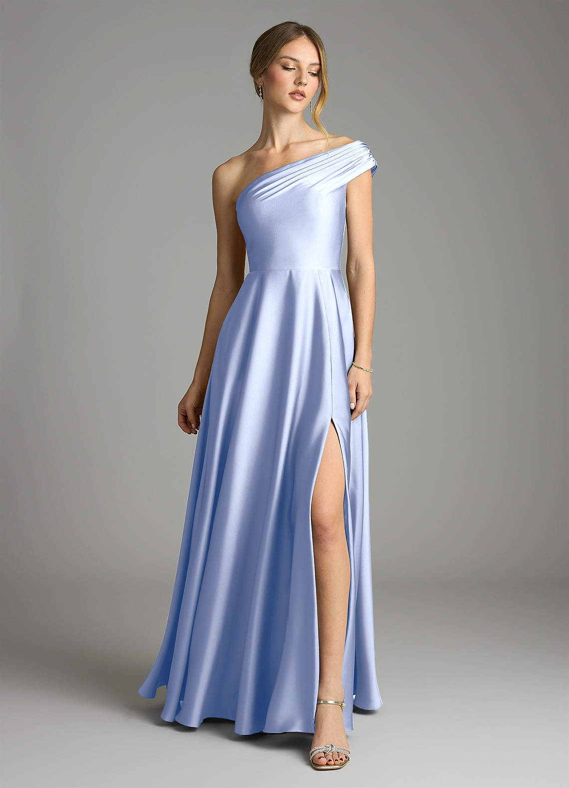 Melanie A-Line One-Shoulder Stretch Satin Bridesmaid Dress in Ice