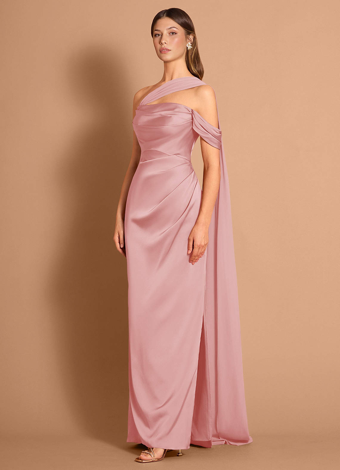 Meliora Asymmetric Strapless Chiffon-Drape Stretch Satin Evening Dress in Haze Pink