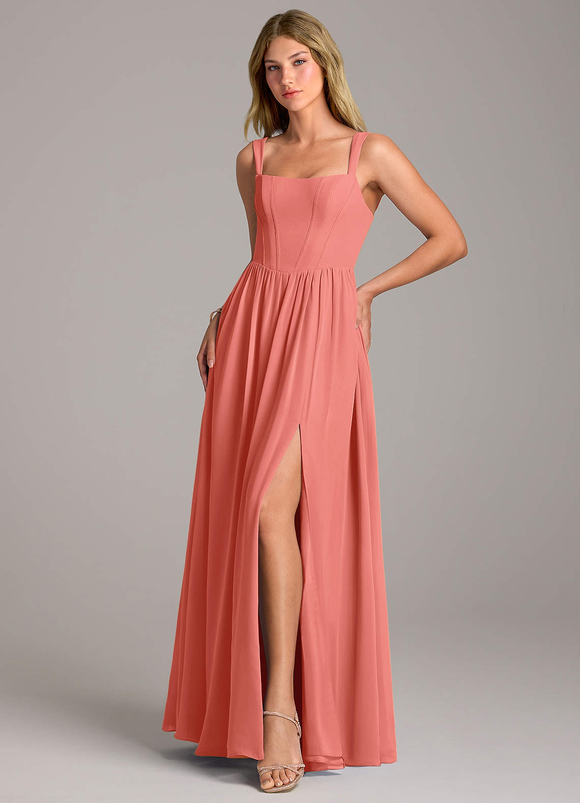 Rosaline A-Line Square-Neck Chiffon Bridesmaid Dress in Salmon Pink