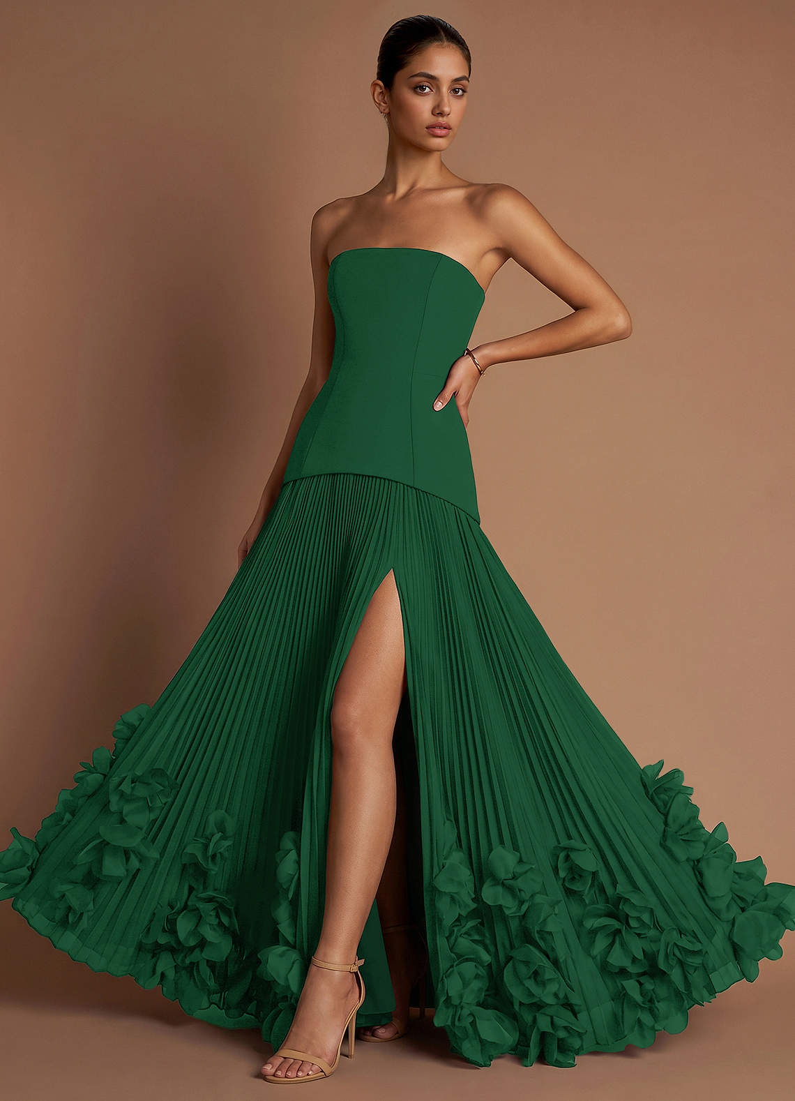 Marnie A-Line Corset Crepe Chiffon Evening Dress in Emerald Green