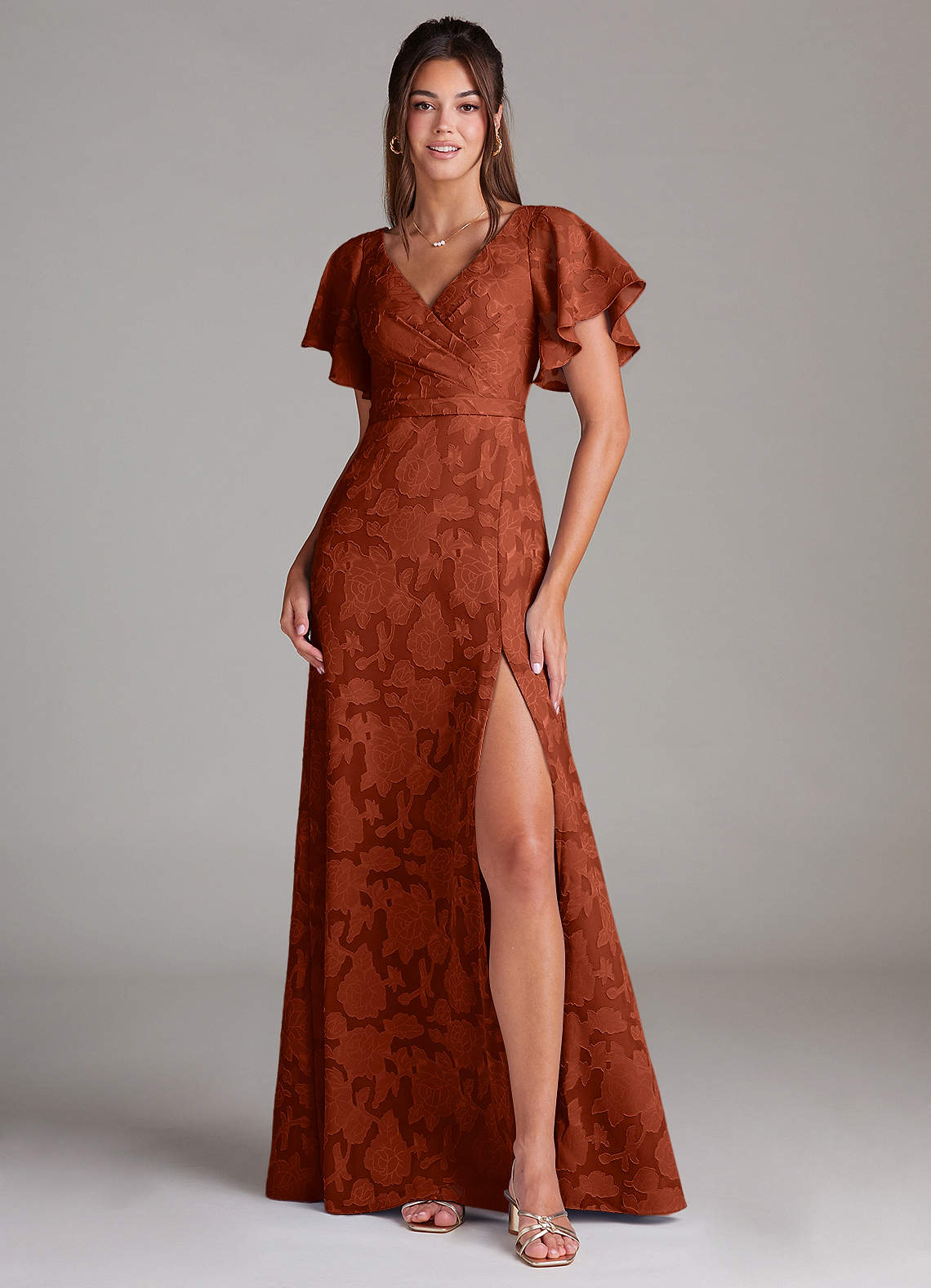 Ambrosia A-Line V-Neck Floral Burnout Bridesmaid Dress in Auburn