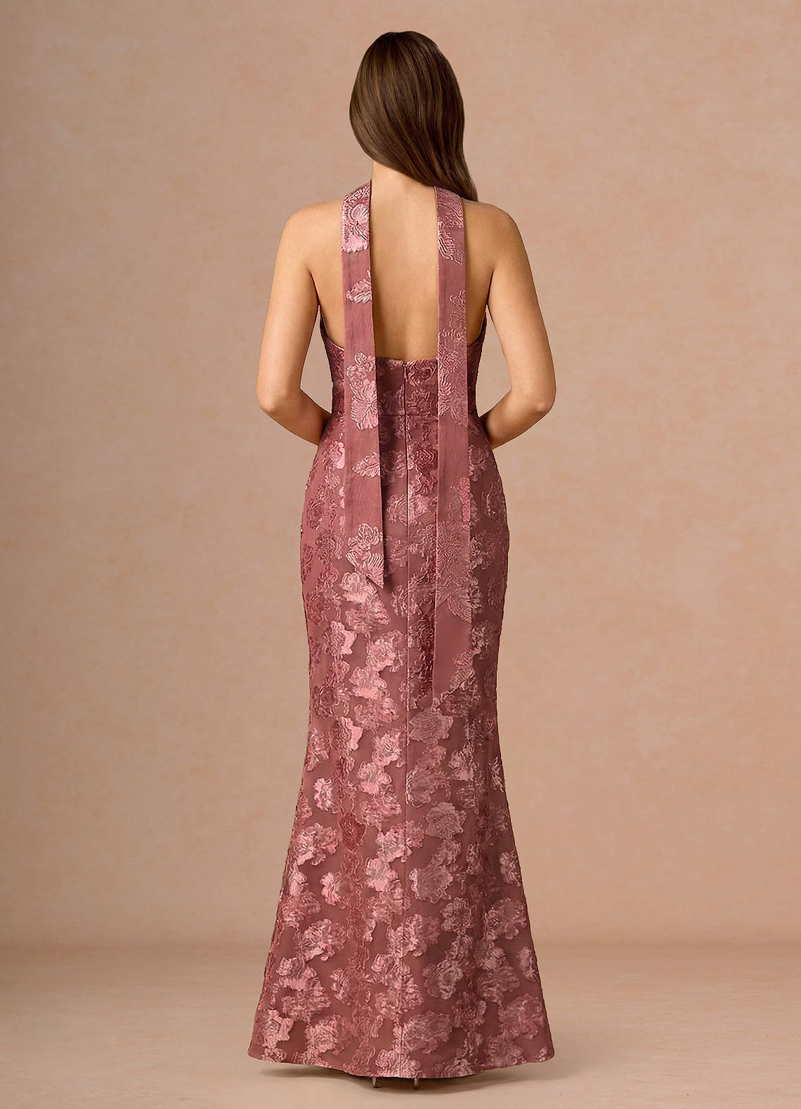 Valerie V-Neck Open-Back Fil Coupé Evening Dress in Vintage Rose