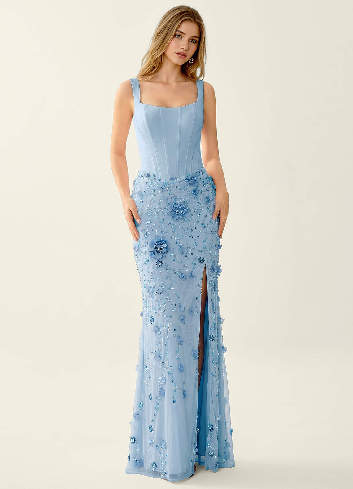 Belinda Mermaid Square-Neck Sequined Tulle Evening Dress in Blue