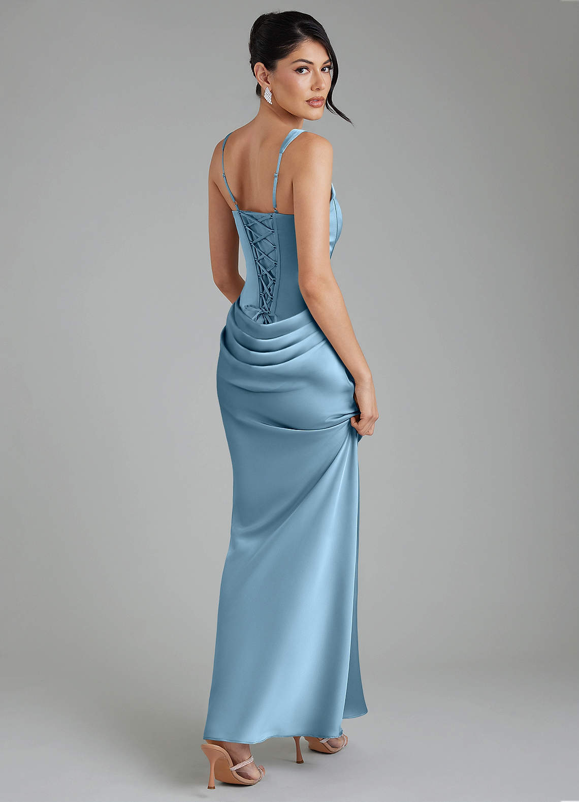 Etta Mermaid Square-Neck Stretch Satin Bridesmaid Dress in Steel Blue