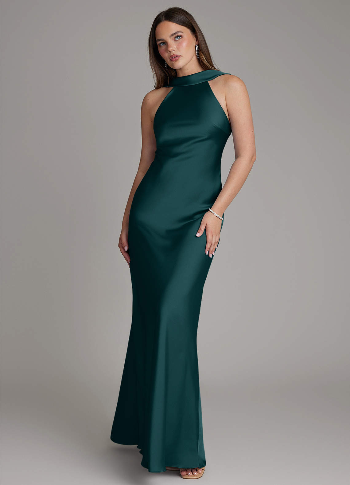 Dimitra Sheath Halter Stretch Satin Bridesmaid Dress in Pine