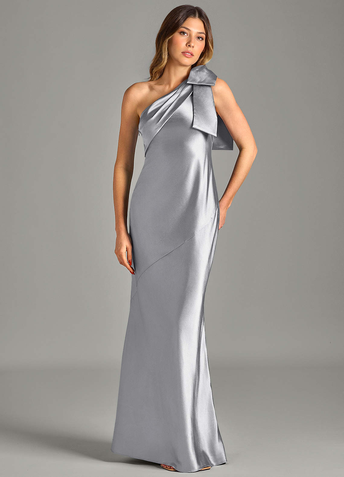 Yuanna Mermaid One-Shoulder Metallic Satin Bridesmaid Dress in Silver