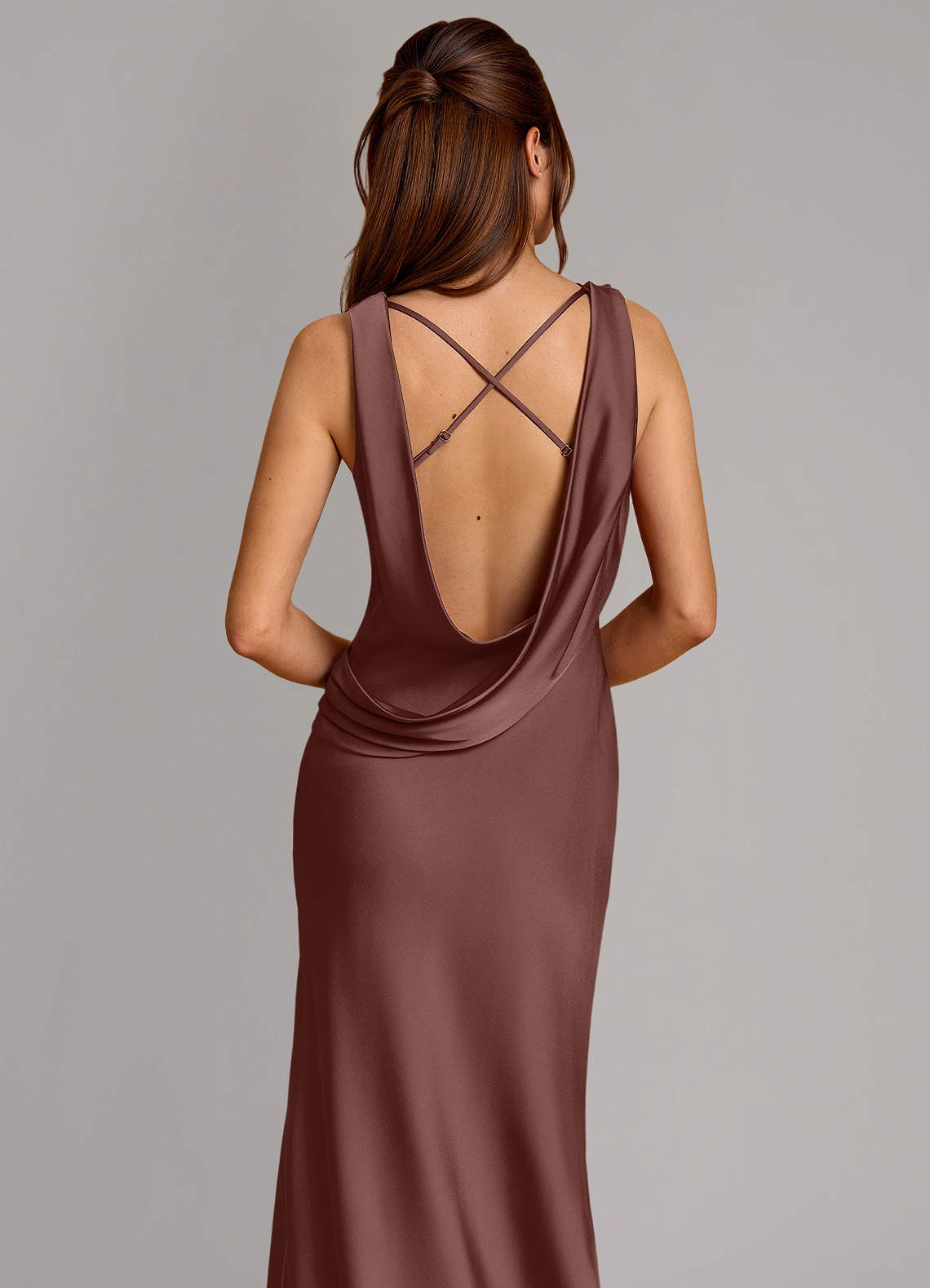 Cheryl Mermaid Cowl-Neck Stretch Satin Bridesmaid Dress in Espresso