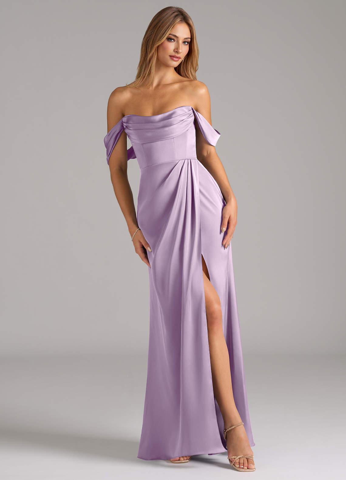 Johana Mermaid Off-the-Shoulder Stretch Satin Bridesmaid Dress in Frosted Lilac