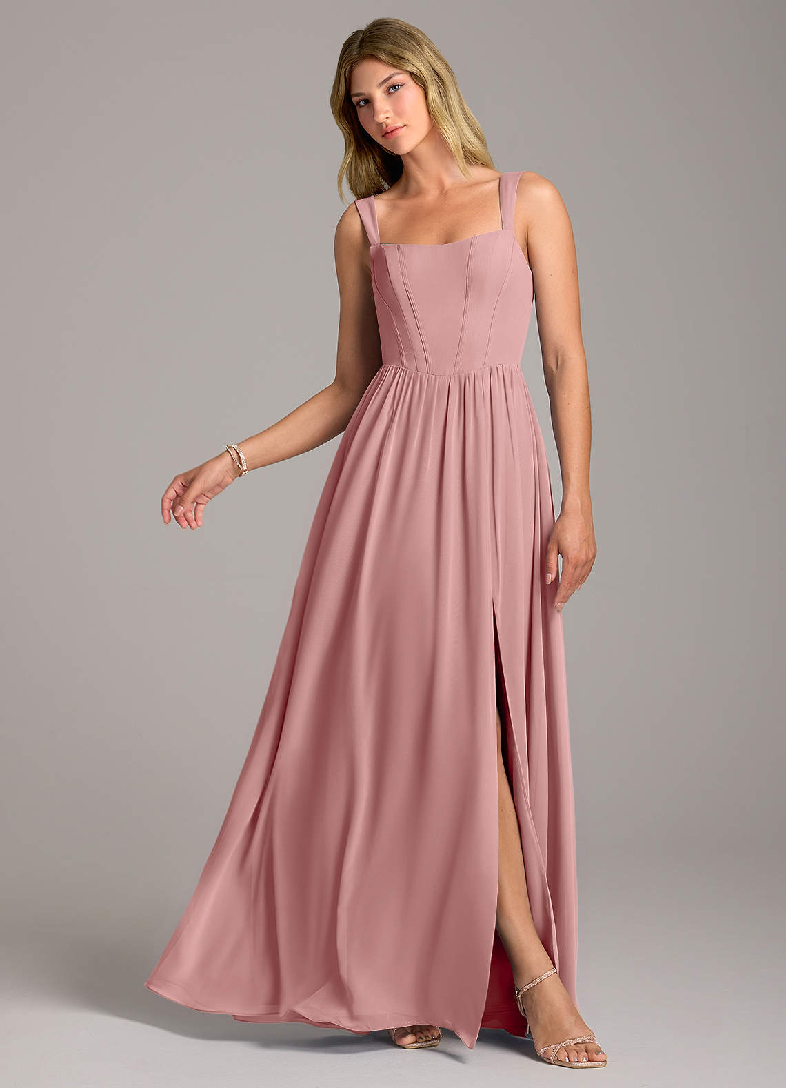 Rosaline A-Line Square-Neck Chiffon Bridesmaid Dress in dusty rose