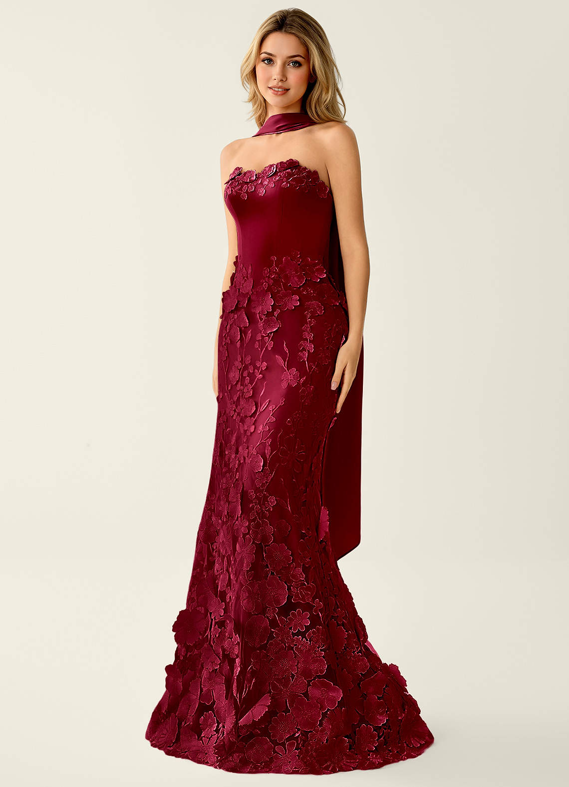Wrensincia Mermaid Strapless Crystal Linen Satin Evening Dress in Burgundy
