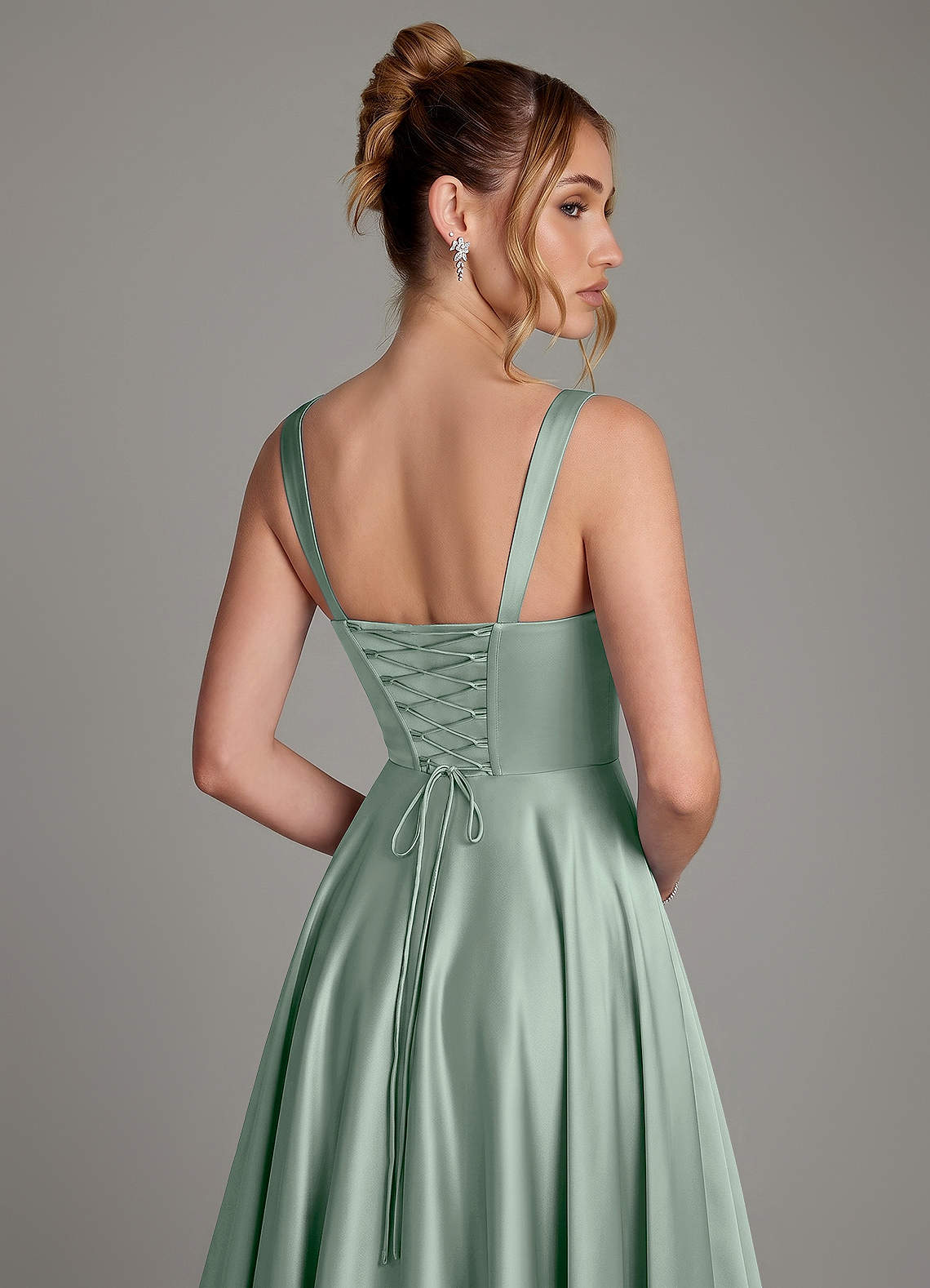 Azaria A-Line Square-Neck Stretch Satin Bridesmaid Dress in Agave