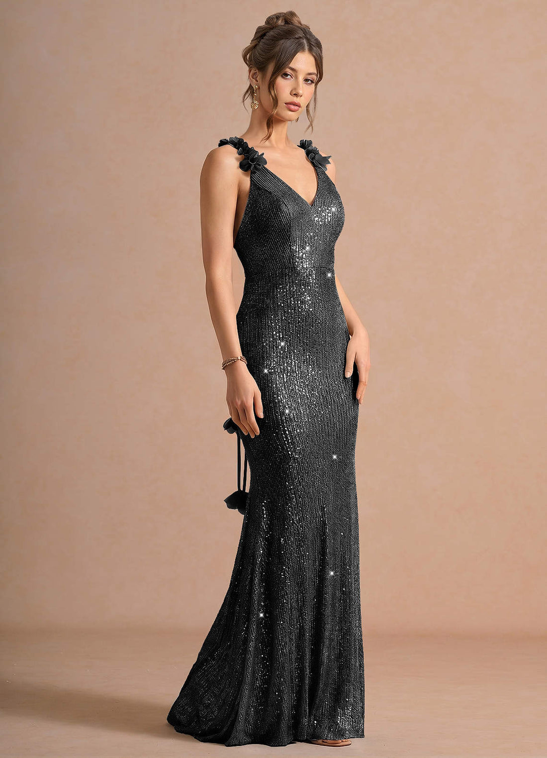 Selara Open-Back Floral Sequin Chiffon Evening Dress in Silver Black