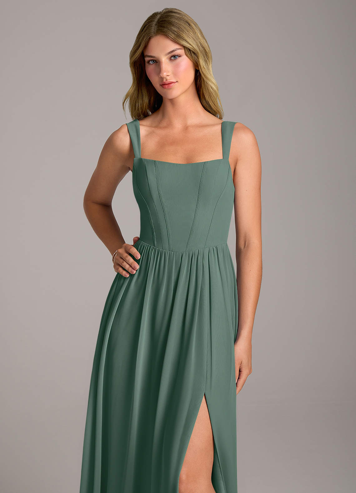 Rosaline A-Line Square-Neck Chiffon Bridesmaid Dress in Sea Moss