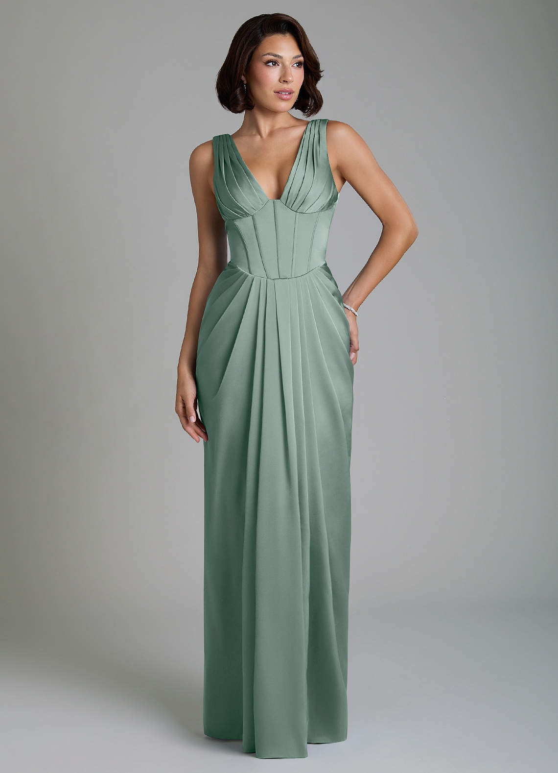 Vanya Sheath V-Neck Stretch Satin Bridesmaid Dress in Silver Sage