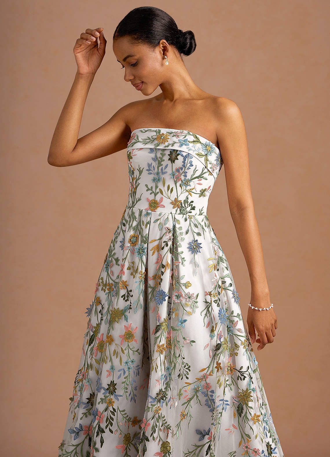 Evangeline Strapless Corset Floral Lace Evening Dress in White
