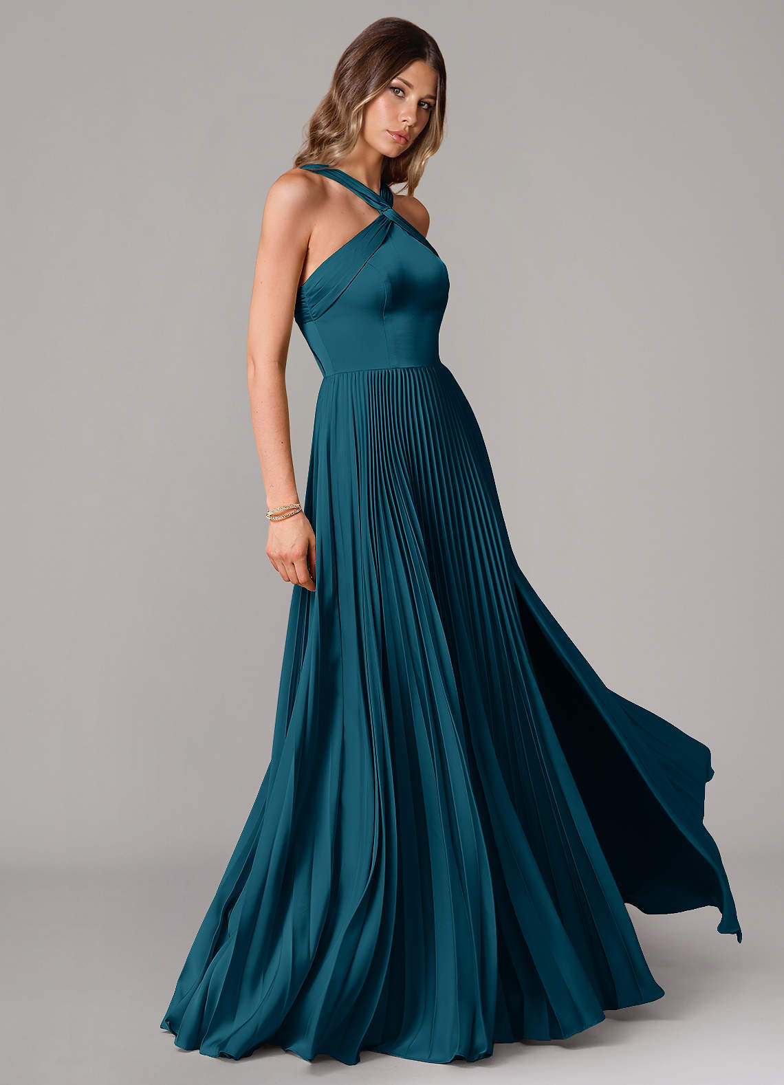 Afra A-Line Halter-Neck Stretch Satin Bridesmaid Dress in Ink Blue