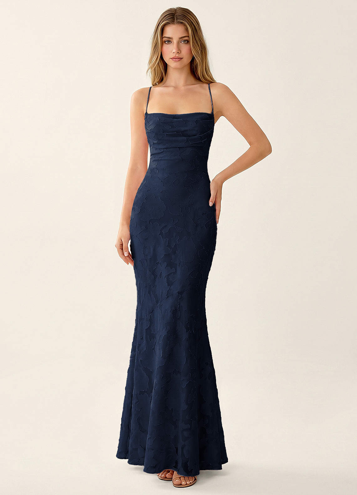 Natasha Mermaid Spaghetti-Strap Floral Burnout Evening Dress in Navy