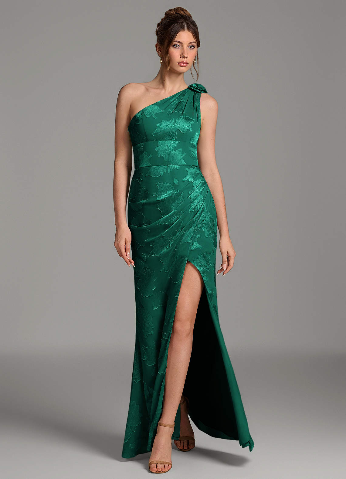 Yanie Mermaid One-Shoulder Jacquard Bridesmaid Dress in Emerald