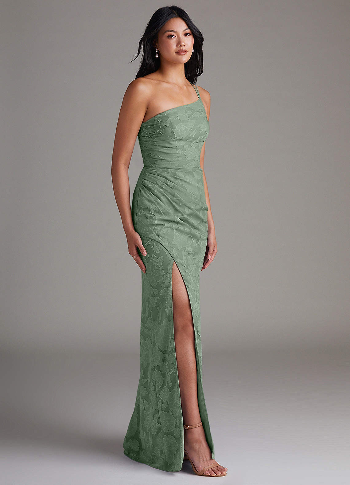 Eren Sheath One-Shoulder Floral Burnout Bridesmaid Dress in Matcha