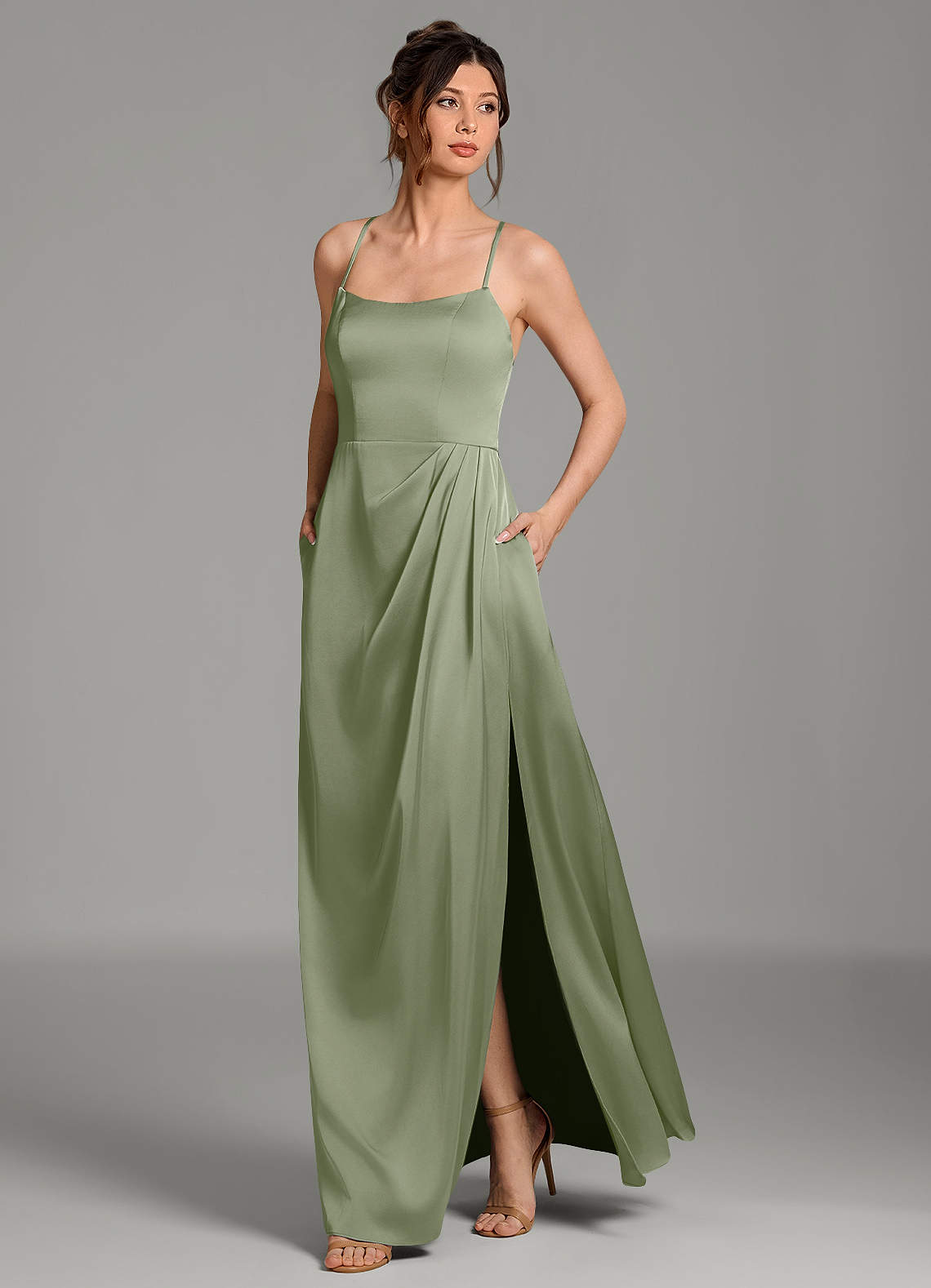 Frankie A-Line Scoop-Neck Stretch Satin Bridesmaid Dress in Pistachio