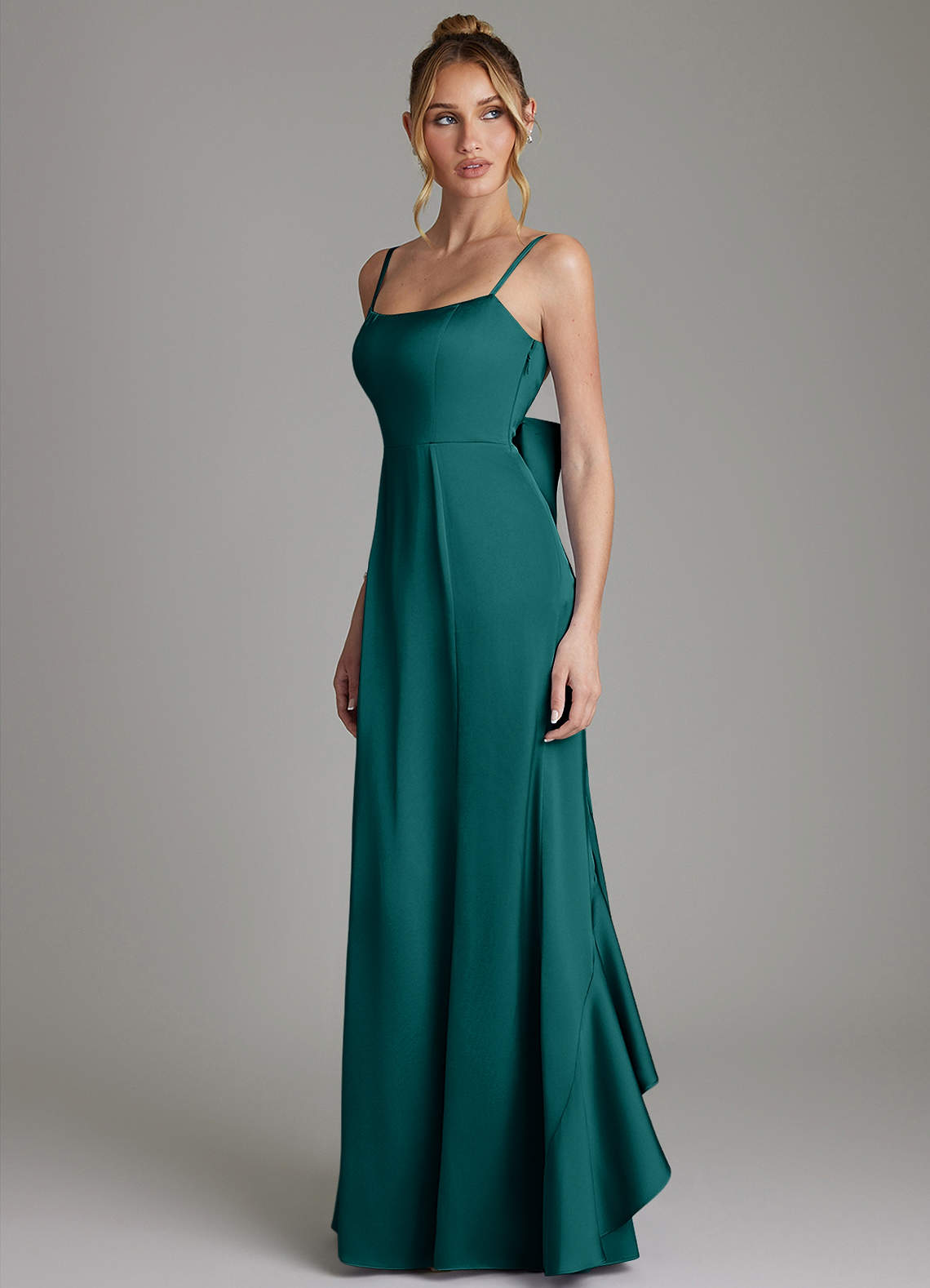 Zherra Mermaid Scoop-Neck Stretch Satin Bridesmaid Dress in Peacock