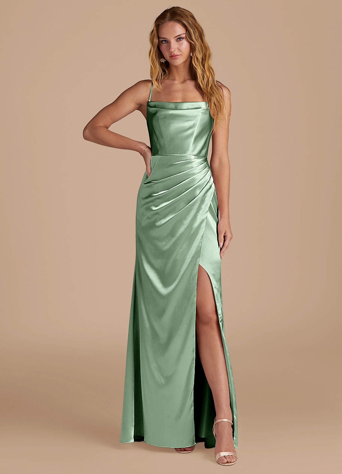 Marzia Mermaid Square-Neck Metallic Satin Bridesmaid Dress in Matcha