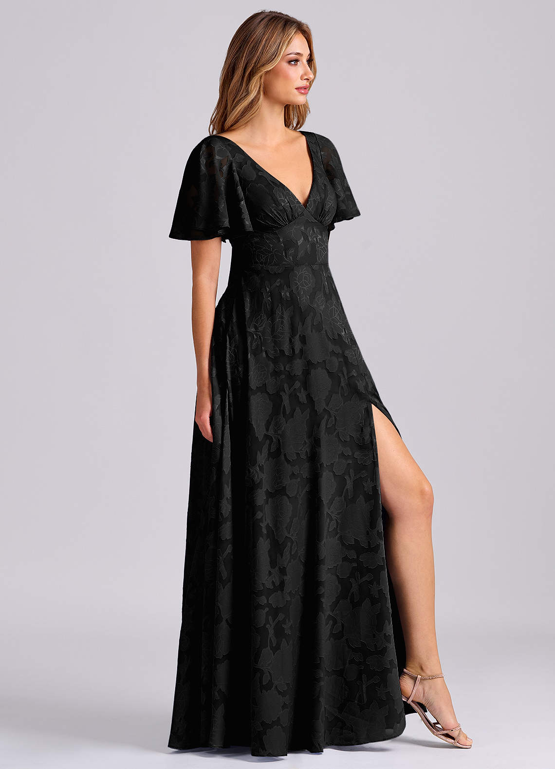 Kimber A-Line V-Neck Floral Burnout Bridesmaid Dress in black