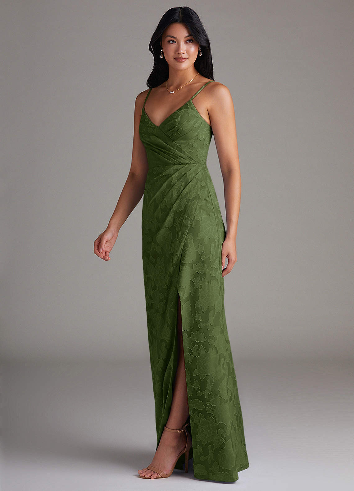 Maci Sheath V-Neck Floral Burnout Bridesmaid Dress in Olive