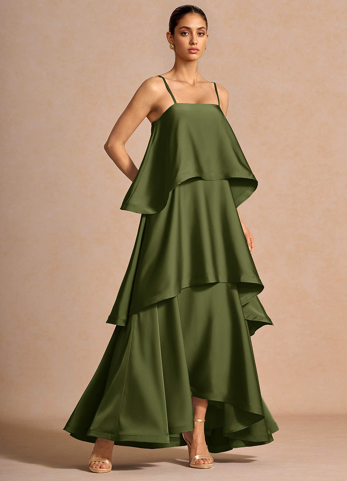Itasca A-Line Tiered Stretch Satin Wedding Guest Dress in Olive