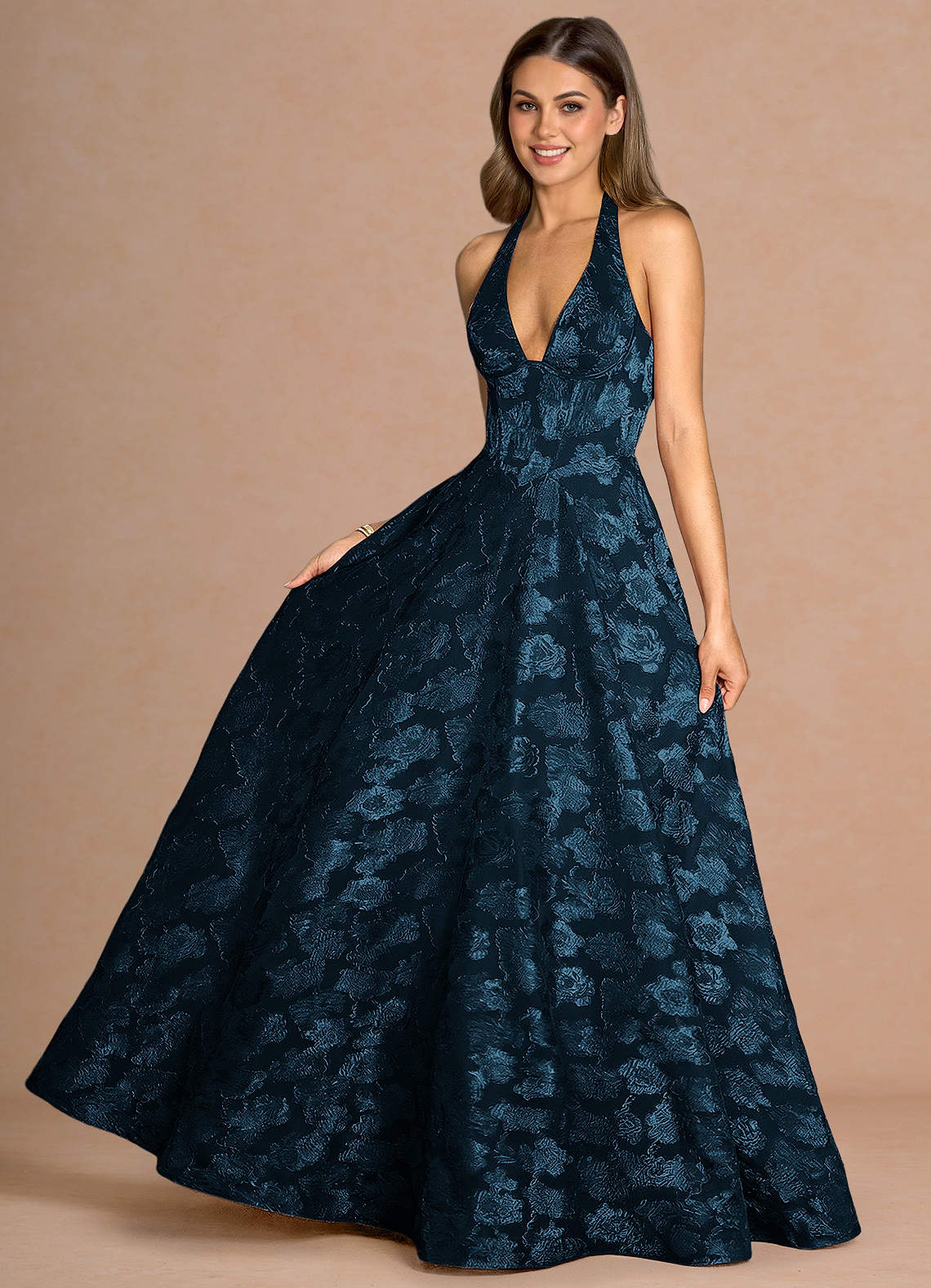 Isabeau A-Line V-Neck Fil Coupé Evening Dress in Navy