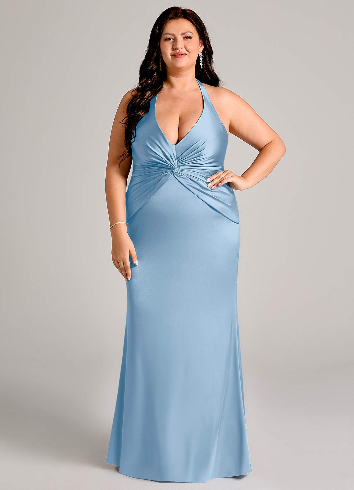 Valerie Mermaid V-Neck Stretch Satin Bridesmaid Dress in Powder Blue