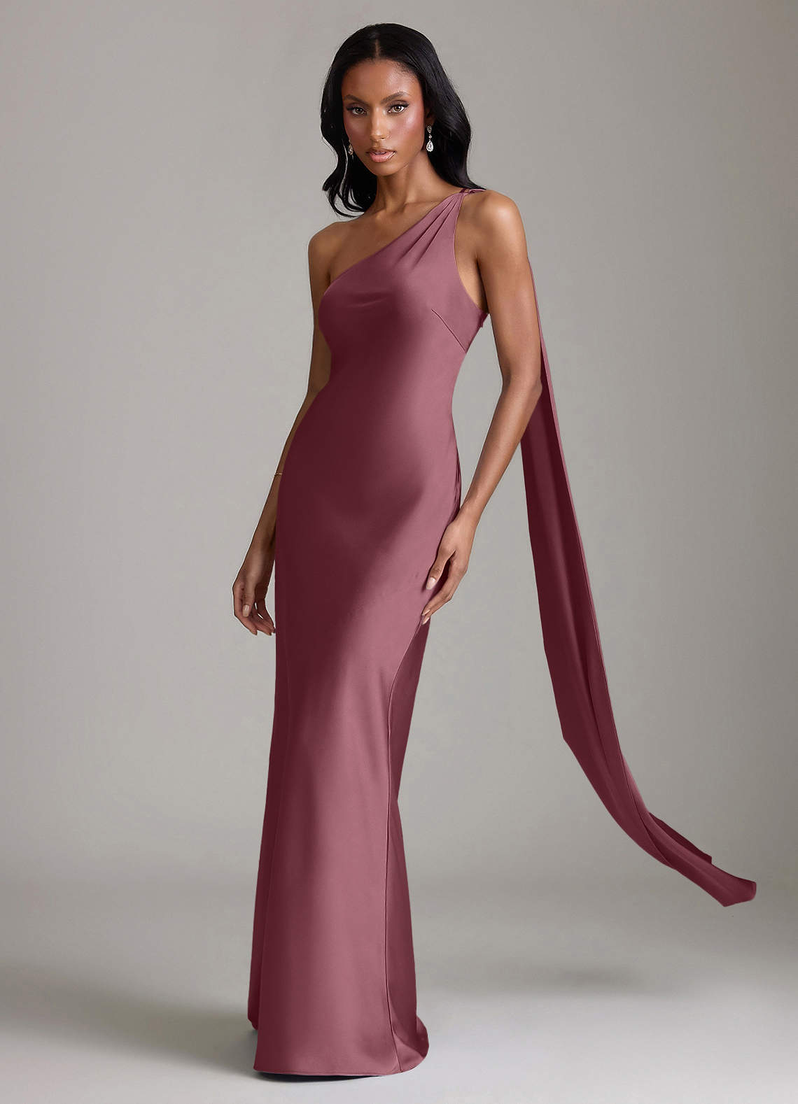 Juniper Mermaid One-Shoulder Stretch Satin Bridesmaid Dress in Desert Rose