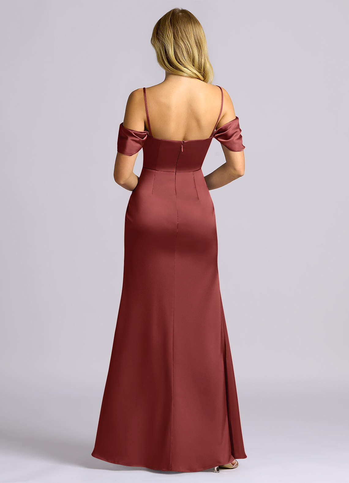 Auden Sheath Off-the-Shoulder Stretch Satin Bridesmaid Dress in Terracotta
