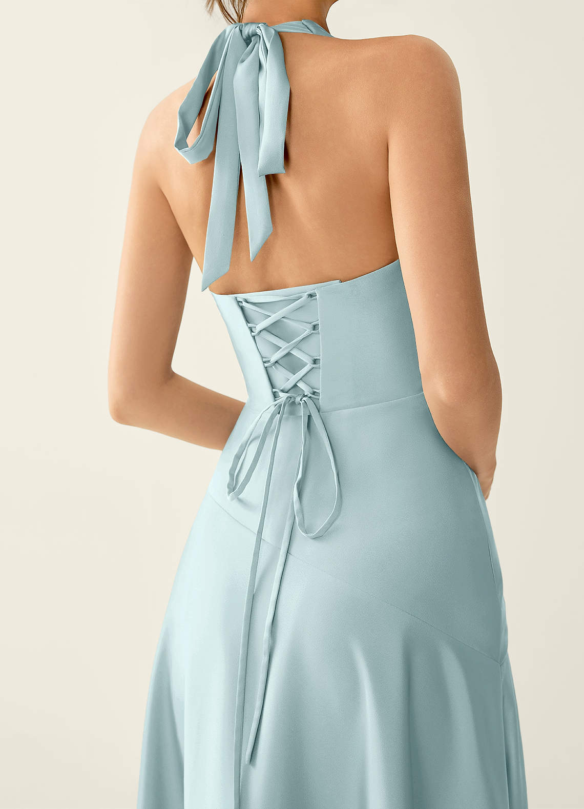 Titania Halter Asymmetric-Ruffle Satin Evening Dress in Mist