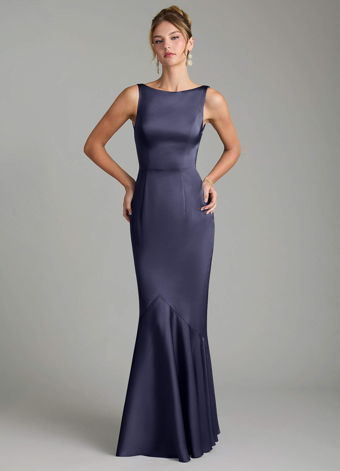 Tamera Mermaid Boat-Neck Stretch Satin and Chiffon Bridesmaid Dress in Stormy