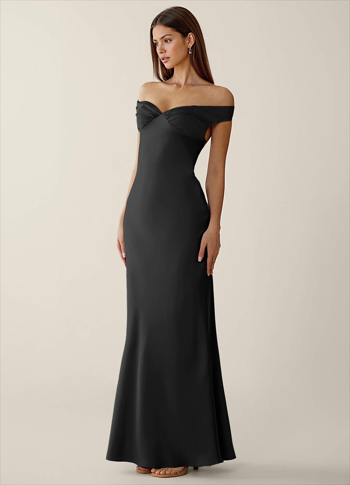 Gwendonme Sheath Off-the-Shoulder Satin Crystal Linen Evening Dress in black