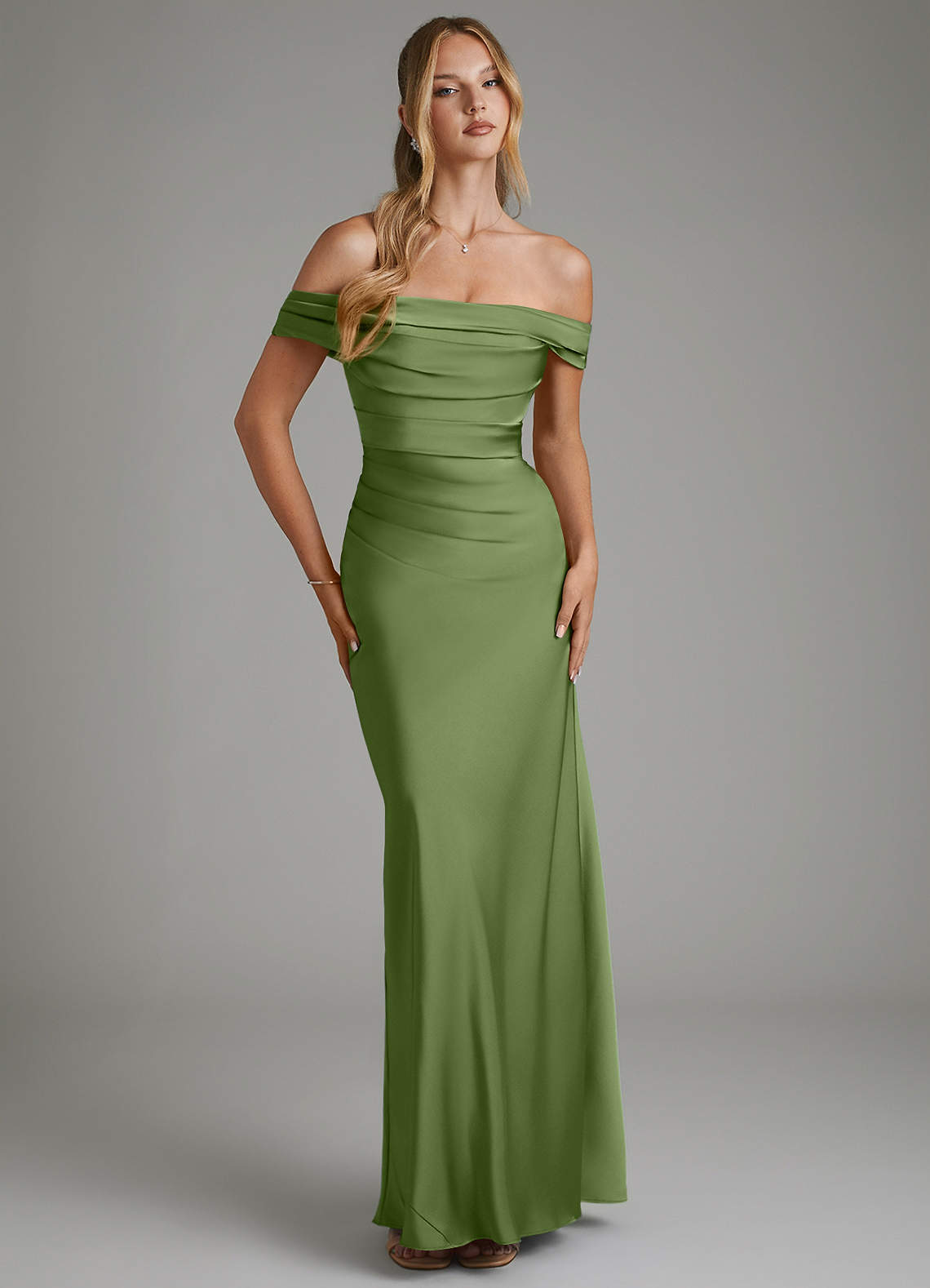 Hayden Mermaid Off-the-Shoulder Stretch Satin Bridesmaid Dress in Juniper