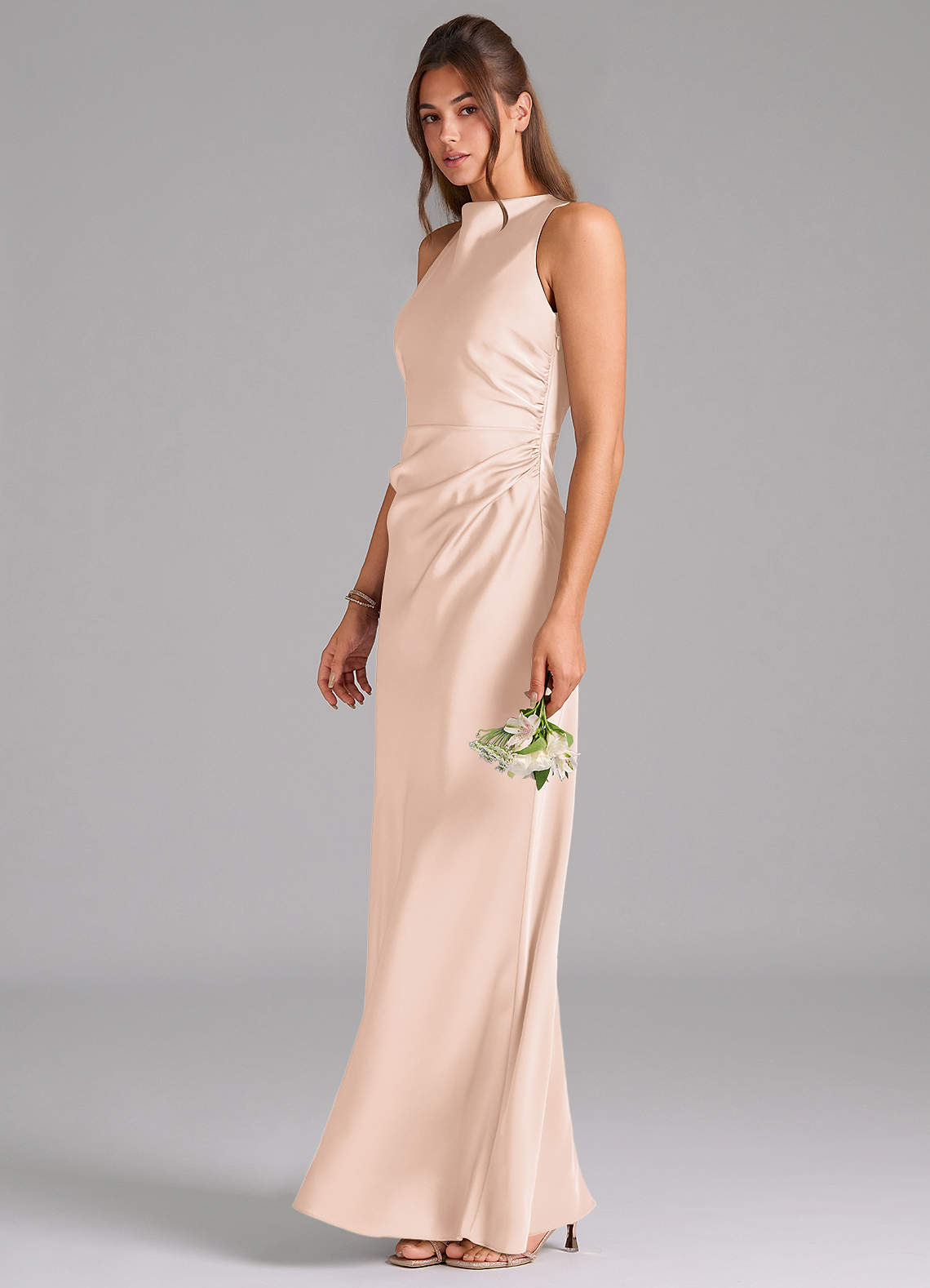 Evadne Sheath Scoop-Neck Stretch Satin Bridesmaid Dress in Blushing Pink