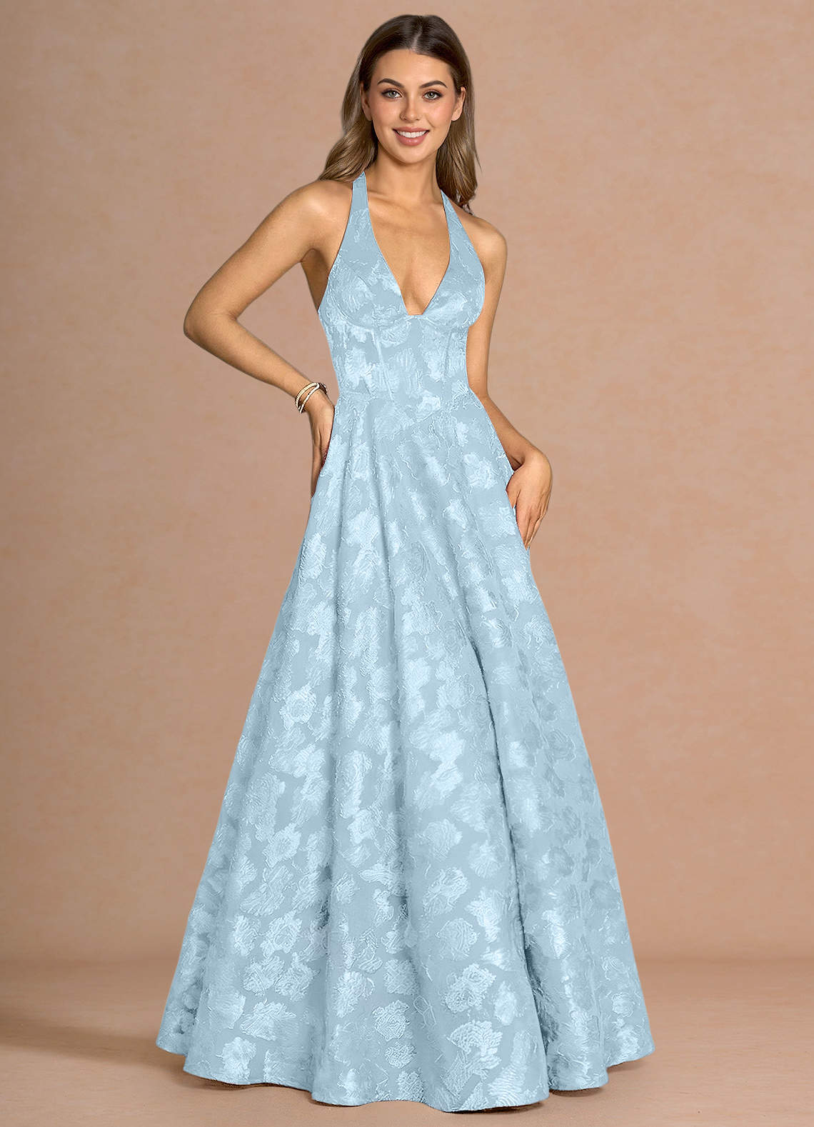 Isabeau A-Line V-Neck Fil Coupé Evening Dress in Lemon Sorbet