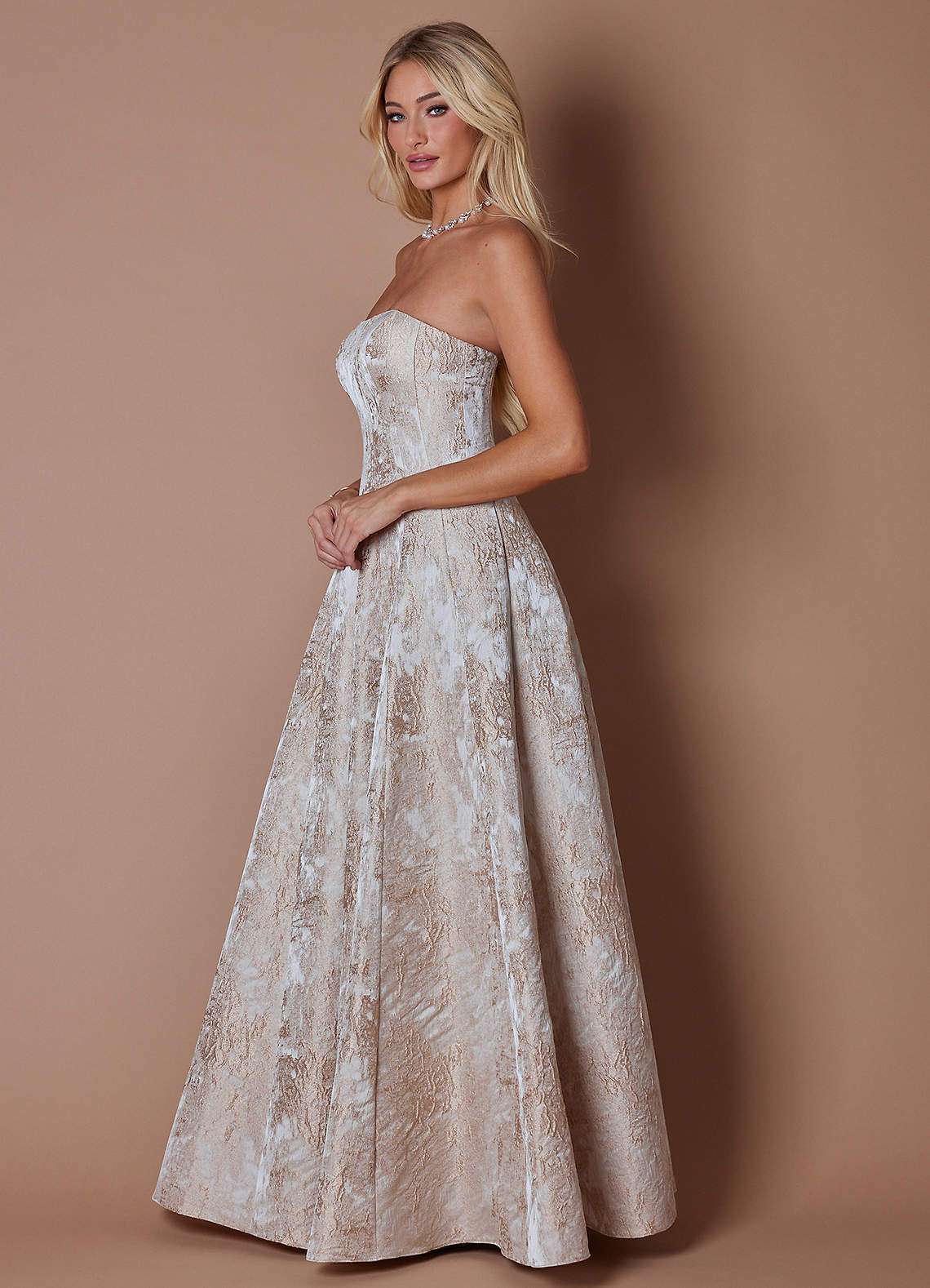 Lory A-Line Strapless Brocade Evening Dress in Gold Taupe